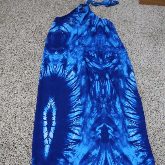 West African Vibrant Blue Tie-Dye Halter Neck Backless Sundress One Size NWOT - Picture 1 of 16